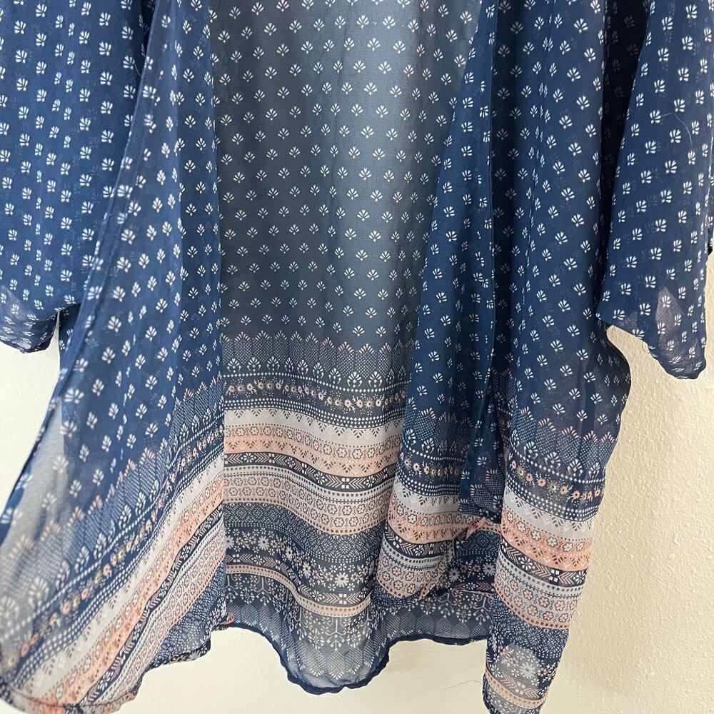Dizzy Gal Navy Sheer Open Front Kimono Cardigan L Boho Print Women's Lightweight - Picture 5 of 8